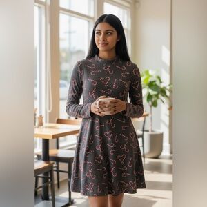 Awake Gray Candy Cane Heart Long Sleeve Swing Dress Size Small Holiday